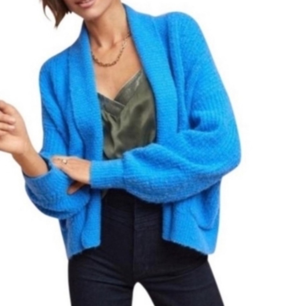 MOTH by Anthropologie Blue Wool Blend Open Draped Boxy Cardigan with Pockets S